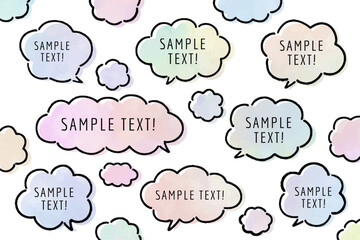 もくもくした雲の形をした吹き出しの線画、モクモクとしたフキダシのベクターイラスト、水彩画風イラスト