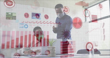 Image of financial data processing over business people with face masks using laptop