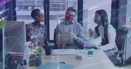 Image of financial data processing over diverse business people with face masks at meeting