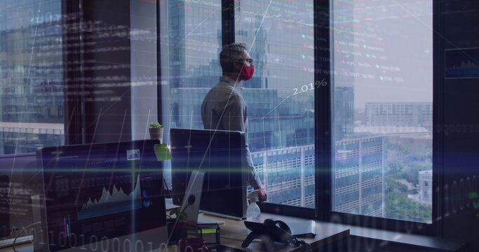 Image of financial data processing over businessman with face mask thinking in office - Powered by Adobe
