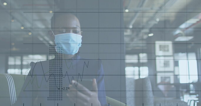 Image of financial data processing over businesswoman with face mask using smartphone in office