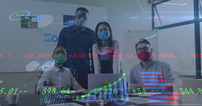 Image of financial data processing over diverse business people with face masks at meeting
