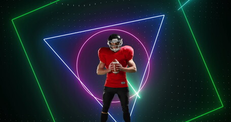 Image of neon scanner processing data over american football player holding ball