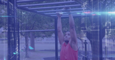 Image of lights and data processing over male athlete exercising on monkey bars outdoors - Powered by Adobe