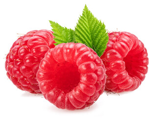 Ripe perfect raspberries with green leaf isolated on white background.
