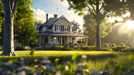 Perfectly manicured suburban house on a beautiful sunny day