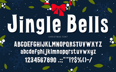 Christmas font, xmas type. Holiday typeface, new year english alphabet. Vector uppercase typography letters, symbols and signs in decorative festive winter style. Cartoon vintage typeset characters