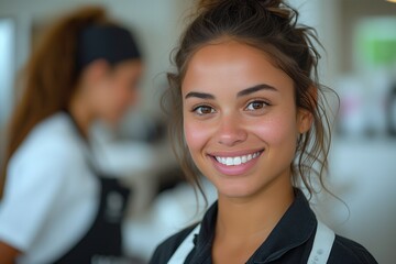 a woman in a housekeeping uniform, with a black and white design, smiling and holding a mop. 
