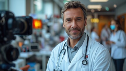 The doctor is being interviewed with the camera serving as the foreground in front  