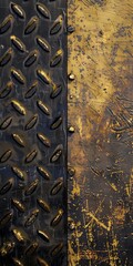 Divided into Two Halves Left Side is Dark Industrial Diamond Plate Pattern Heavy Duty Application, Right Side Textured Gold Surface with Visible Aged Patina created with Generative AI Technology
