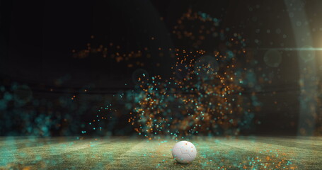 Image of colourful particles moving over football on pitch © vectorfusionart