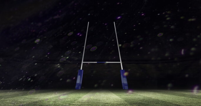 Image of scanner processing data over rugby goal on pitch