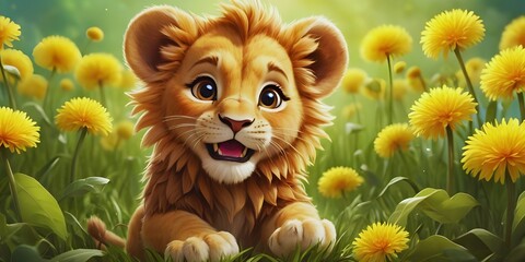 Playful Cute Baby Lion Amidst Glowing Flowers, Cute beautiful baby animals, Baby Animal wallpapers, Cute baby animals for kids decorations and Wall arts