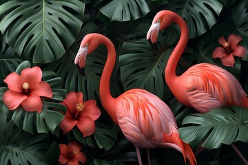 Flamingos on a background of tropical plants