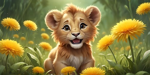 Playful Cute Baby Lion Amidst Glowing Flowers, Cute beautiful baby animals, Baby Animal wallpapers, Cute baby animals for kids decorations and Wall arts
