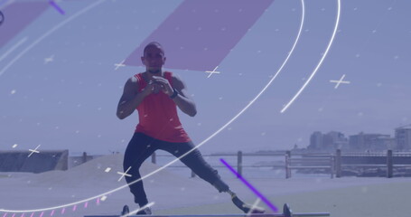 Image of scope and processing data over male athlete with running blade exercising outdoors