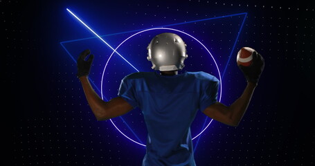 Image of purple scanner processing data with american football player holding ball
