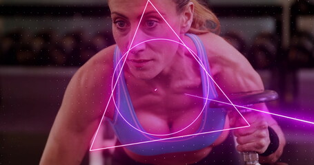 Image of rotating neon scanner processing data over female athlete exercising with weights