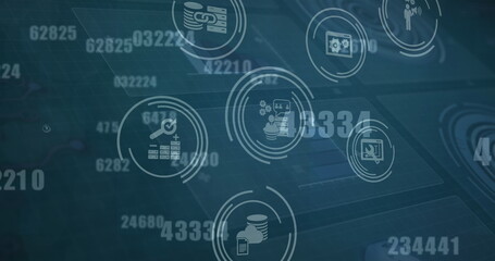 Image of data processing and icons over digital screen