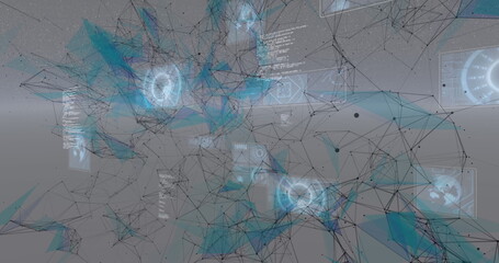 Image of network of connections and scopes scanning over digital screen