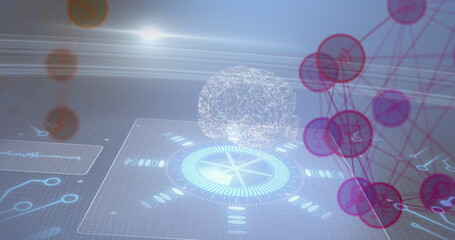 Image of brain and scopes scanning and network of connections over digital screen