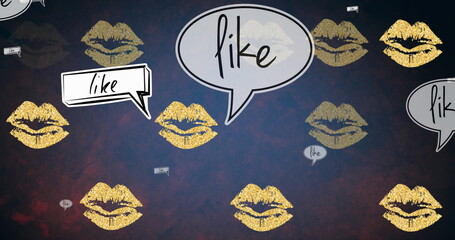 Image of like texts and lips on blue background