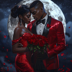 3d, kunst, hochzeit, strauss rote rosen, romantisch,rotes kleid, roter smoking, mondlicht, liebe, 3D, Art, Wedding, Bouquet Red Roses, Romantic, Red Dress, Red Tuxedo, Moonlight, Love