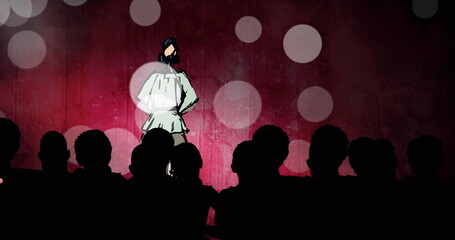 Image of fashion drawing of model on catwalk at fashion show on red background
