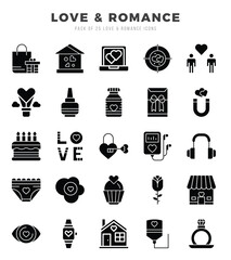 Love & Romance Icons Pack. Glyph icons set. Glyph icon collection set.