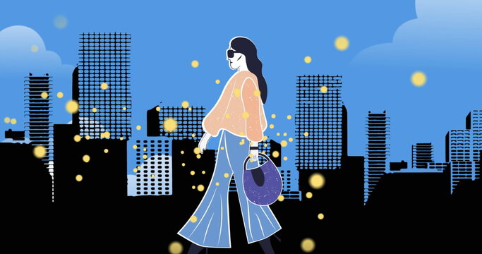 Image of fashion drawing of model over cityscape