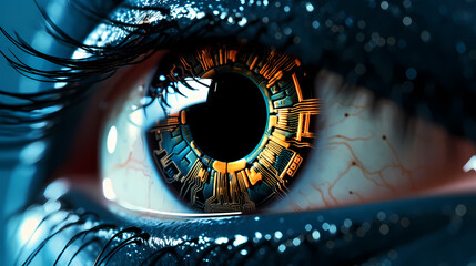 Close-up of human eye with advanced cybernetic enhancements, symbolizing future vision technology - obrazy, fototapety, plakaty