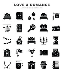 Vector icons set of Love & Romance. Glyph style Icons.