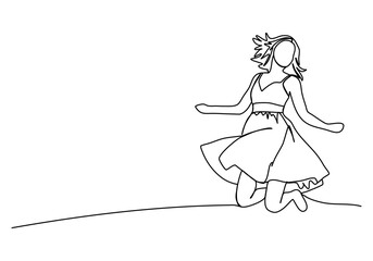Woman in dress jumps, one line drawing vector illustration.