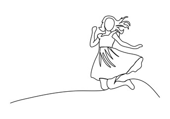 Woman in dress jumps, one line drawing vector illustration.