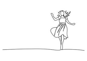 Woman in dress jumps, one line drawing vector illustration.