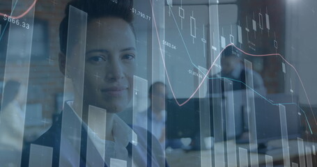 Image of statistic processing over business people at conference