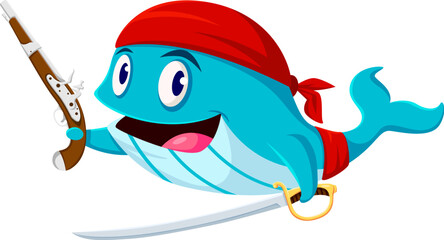 Cartoon blue whale pirate corsair animal character brandishes a gleaming sword and a flintlock pistol, wearing red bandana and belt. Isolated vector cute and funny sea sperm buccaneer personage - obrazy, fototapety, plakaty