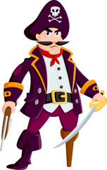 Cartoon sea pirate sailor or corsair character. Vector swashbuckling personage with mischievous grin and wooden leg, wielding a sharp sword and a trusty flintlock, seeking adventure on the high seas