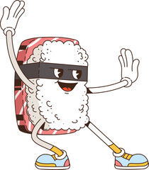 Cartoon retro groovy Japanese sushi character. Isolated vector vibrant Nigiri asian food ninja personage with dynamic moves, sporting black funky mask, exuding an irresistibly cool and playful vibe © Buch&Bee