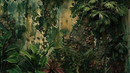 green plants on a wall art in the forest wallpaper background, in the style of realism with surrealistic elements, aerial view, baroque-inspired chiaroscuro, sony alpha a7 iii, enigmatic tropics, anal - obrazy, fototapety, plakaty