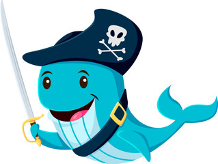 Cartoon whale pirate animal character. Vector underwater blue sperm corsair and rover personage wear captain tricorn hat and saber, navigates the high seas seeking treasures and aquatic adventures