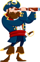 Cartoon sea pirate sailor and corsair captain character. Isolated vector rover personage peers intently through a spyglass, with saber on belt, tricorn hat, and mischievous grin under a bushy beard