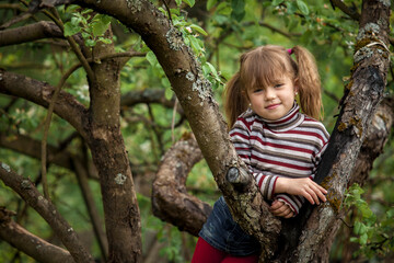 Naklejka na ściany i meble Cute little girl prankster portrait in the branches of a tree.