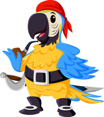 Cartoon parrot bird animal, pirate character. Isolated vector colorful, feathered, mischievous corsair personage with smoking pipe and saber, ready for high-sea nautical adventures and witty banter © Buch&Bee