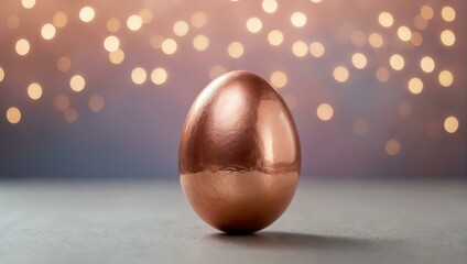 A shiny copper egg sits atop a weathered grey surface, a symbol of rebirth and new beginnings during the joyous spring holidays - obrazy, fototapety, plakaty