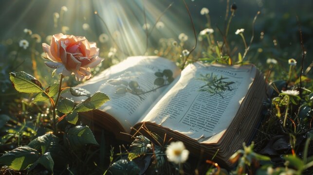 An encyclopedia book about flowers lies open with a picture of a rose on the left page and about a chamomile on the right page. The book lies in a clearing covered with grass. Bright sunlight emits it
