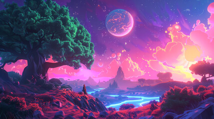A dreamlike digital painting showcasing a vibrant, fantasy landscape with a glowing river, neon flora, and a mystical planetary body overhead.