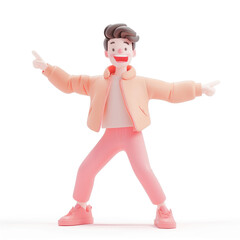 A cheerful guy is dancing. Isolated on a white background. 3d style.
