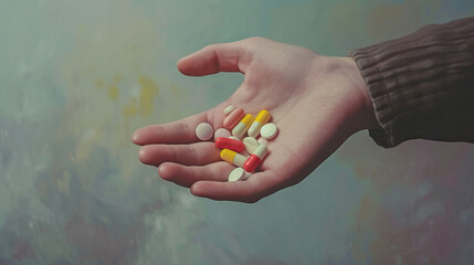 Various tablets, vitamins, capsules and pills lie on the hand
