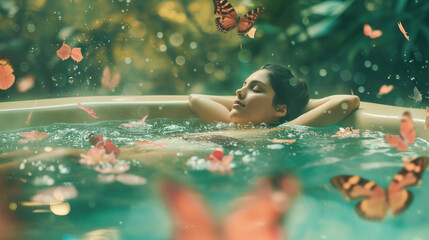A girl relaxes in the bath, butterflies fly around her
